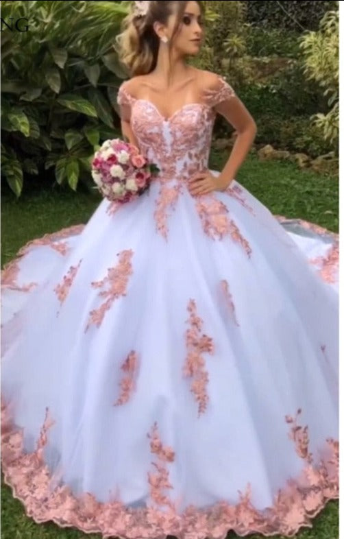 White And pink Lace Appliques Luxury Ball Gown Wedding Dresses Off the Shoulder Bride Dresses Wedding Gowns
