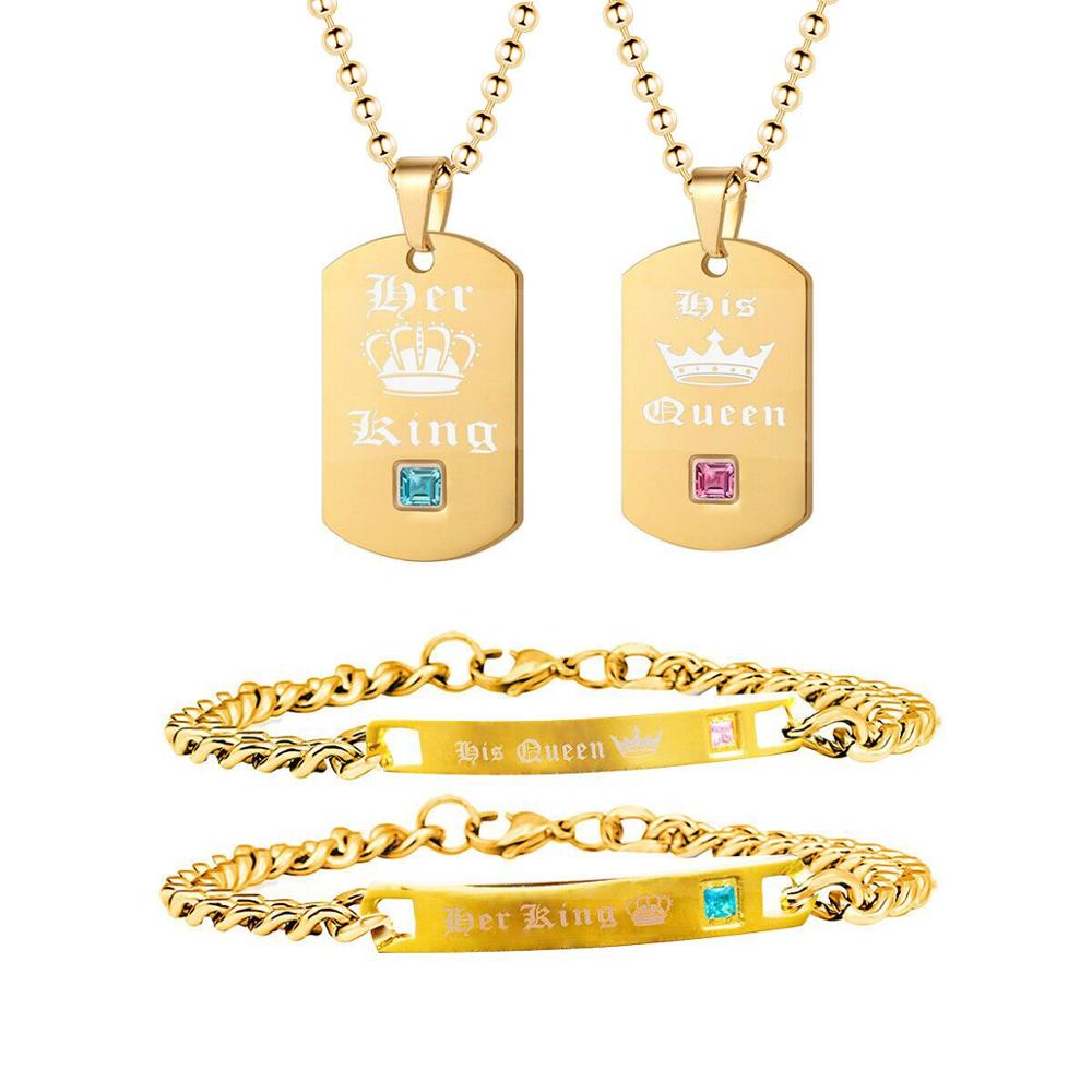 Trendy Gold Color His Queen Her King Titanium Necklaces & Bracelets Matching Couples Cuban Link Chain Jewelry Set