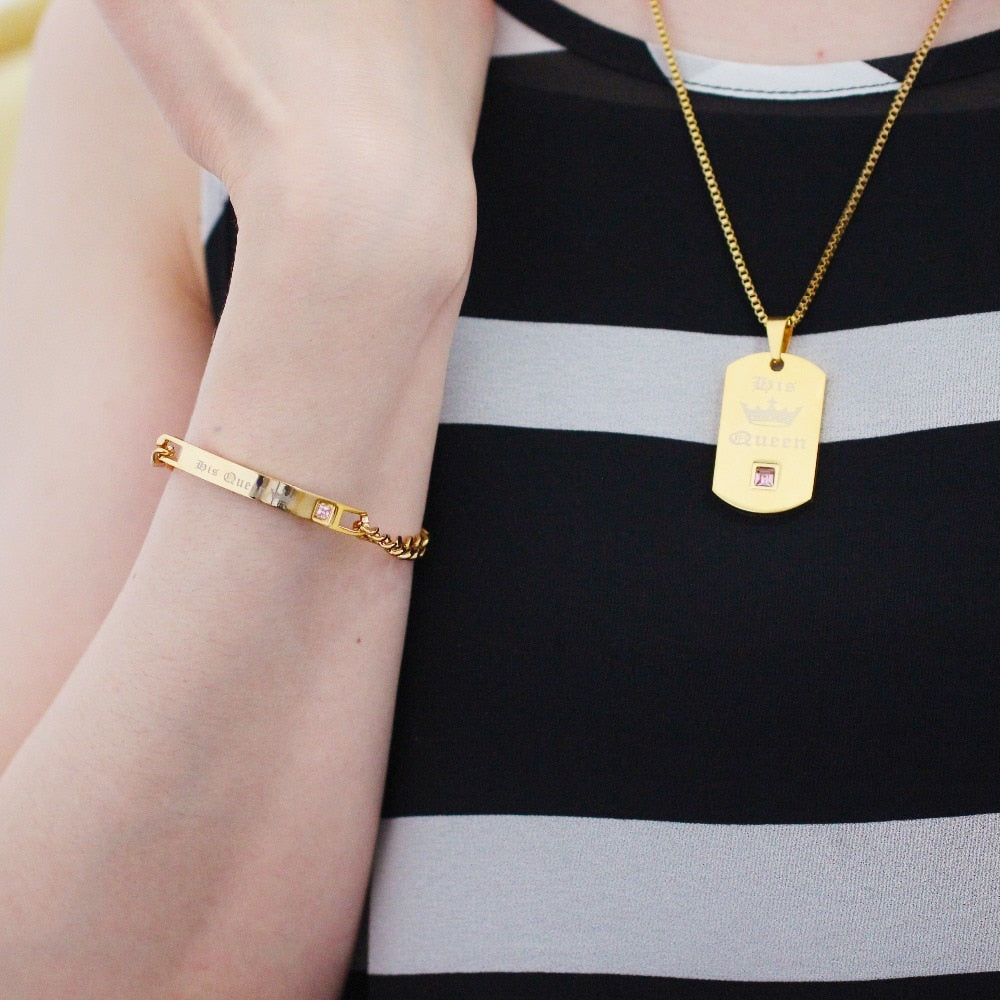 Trendy Gold Color His Queen Her King Titanium Necklaces & Bracelets Matching Couples Cuban Link Chain Jewelry Set