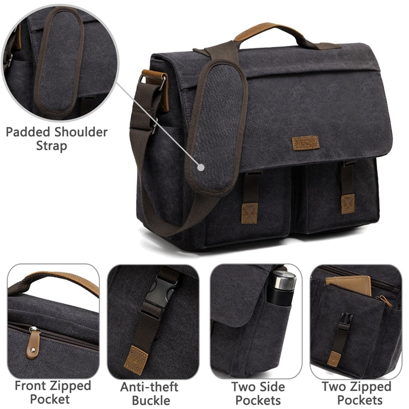 Unisex Water Resistant Waxed Canvas 15.6 inch Laptop Briefcase Padded Shoulder Bag