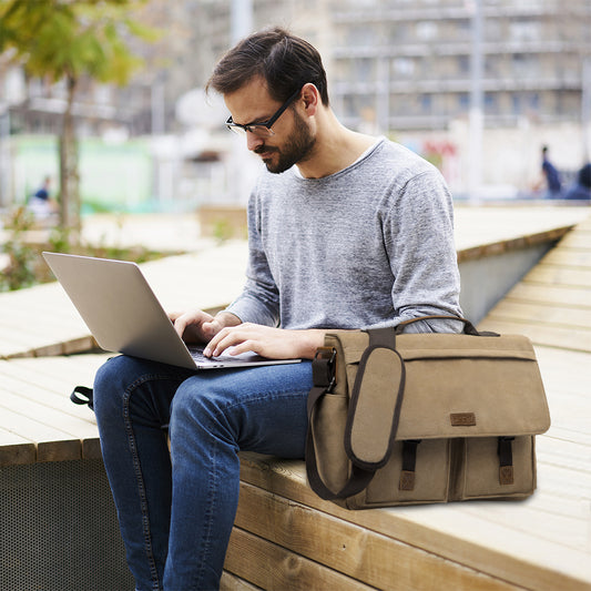 Unisex Water Resistant Waxed Canvas 15.6 inch Laptop Briefcase Padded Shoulder Bag