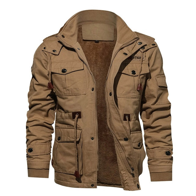 Military Thicken Fleece Jacket Mens Winter Casual Hooded Jacket Coat Pilot Cargo Cotton Jackets Windbreaker Parka Man