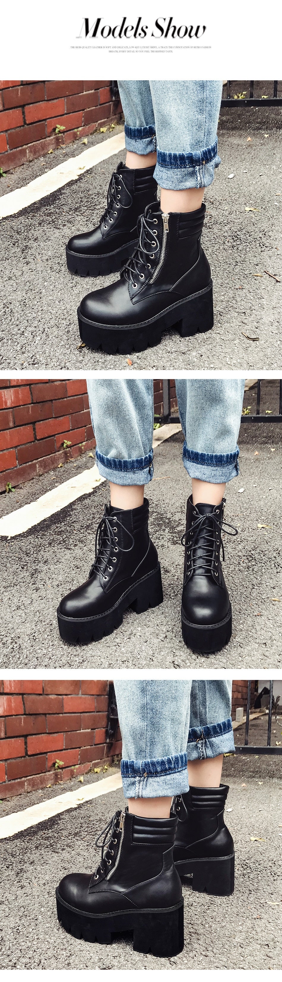 Ankle Boots For Women Motorcycle Boots Chunky Heels Casual Lacing Round Toe Platform Boots Shoes