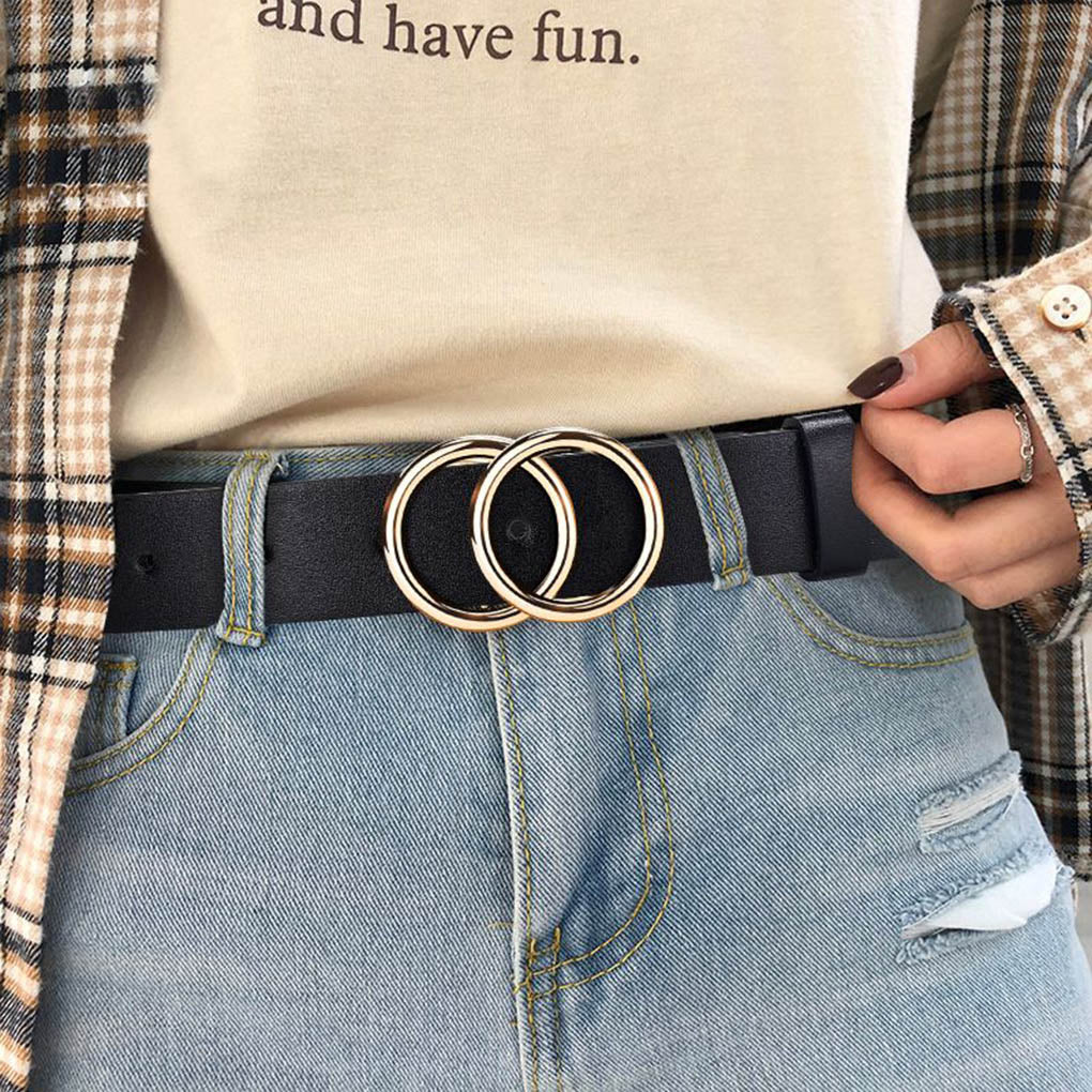 Double Ring Circle Button Belt Leisure Jeans Fashion Dress Women Leather Belt Simple Solid Color Girls Adjustable Waist Strap