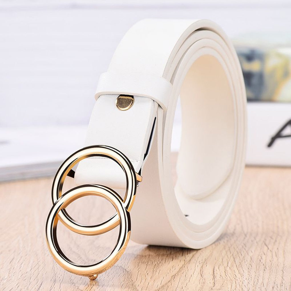 Double Ring Circle Button Belt Leisure Jeans Fashion Dress Women Leather Belt Simple Solid Color Girls Adjustable Waist Strap