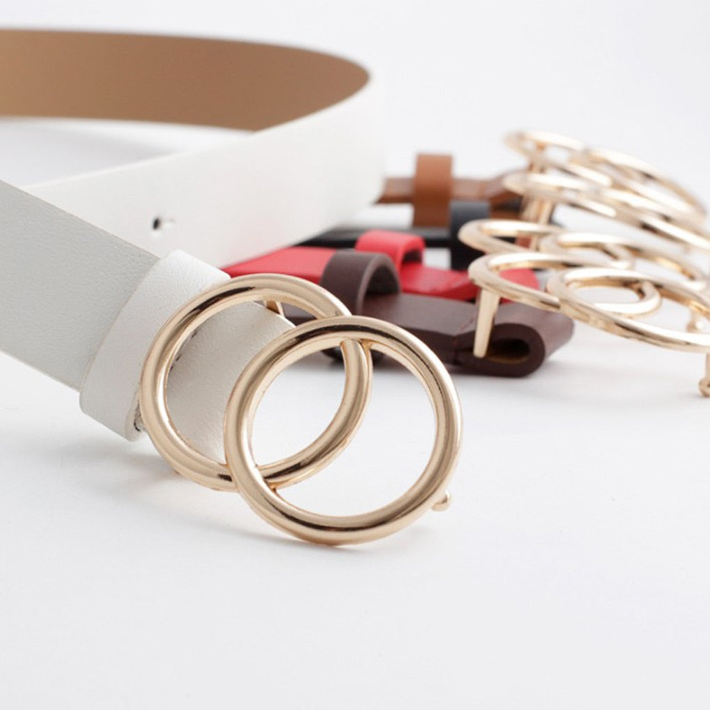 Double Ring Circle Button Belt Leisure Jeans Fashion Dress Women Leather Belt Simple Solid Color Girls Adjustable Waist Strap