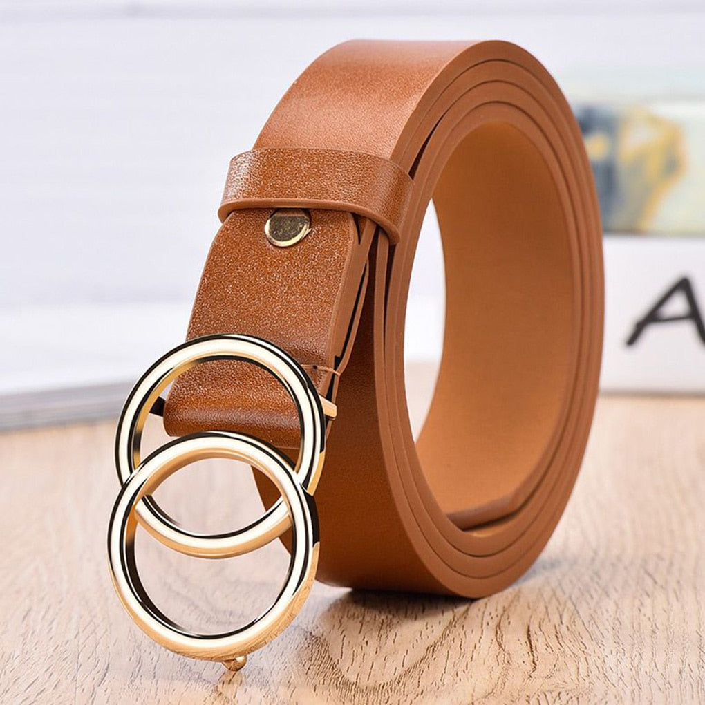 Double Ring Circle Button Belt Leisure Jeans Fashion Dress Women Leather Belt Simple Solid Color Girls Adjustable Waist Strap