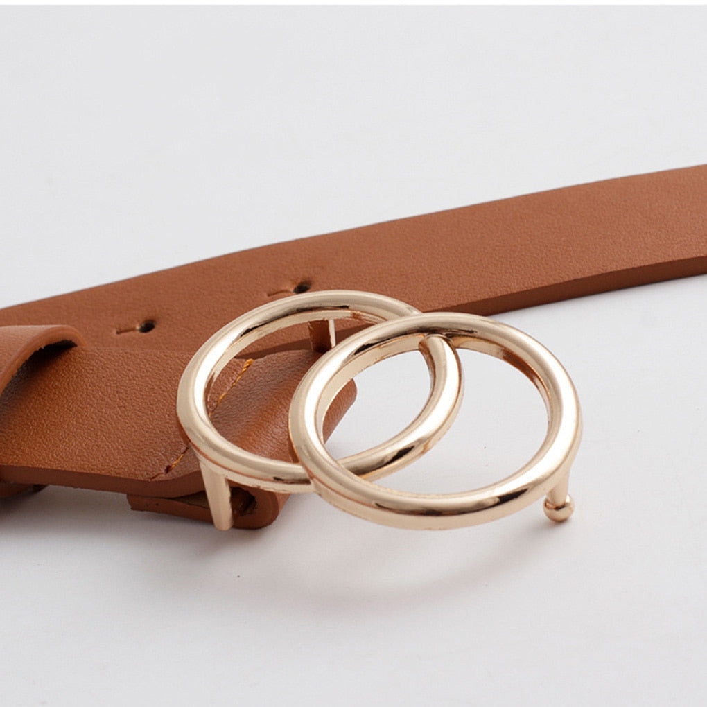 Double Ring Circle Button Belt Leisure Jeans Fashion Dress Women Leather Belt Simple Solid Color Girls Adjustable Waist Strap