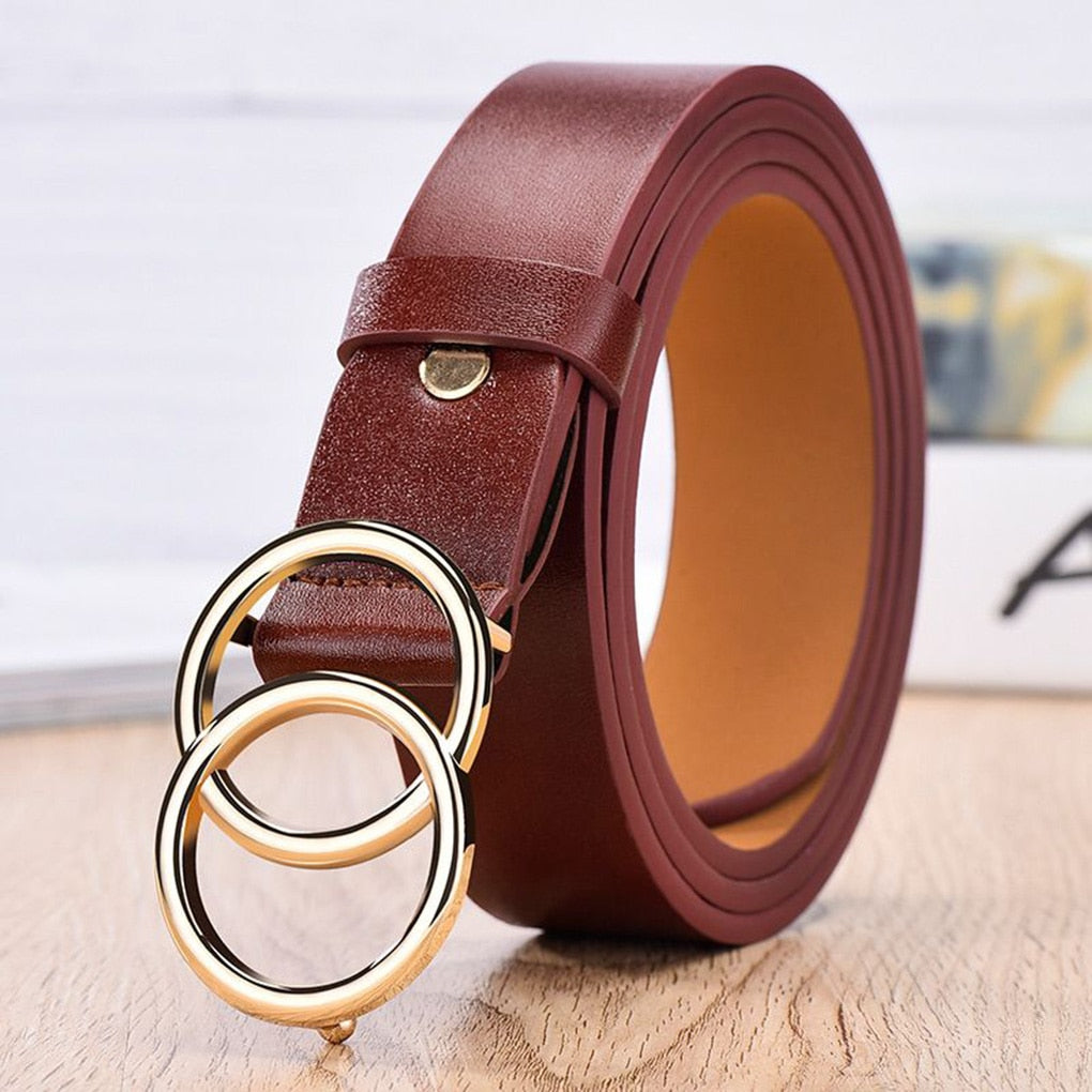Double Ring Circle Button Belt Leisure Jeans Fashion Dress Women Leather Belt Simple Solid Color Girls Adjustable Waist Strap
