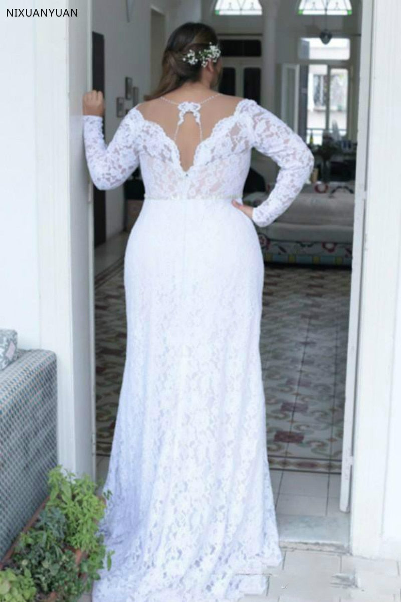 Plus Size Wedding Dresses Deep V Neck Vintage Long Sleeves Formal Wedding Bridal Gowns