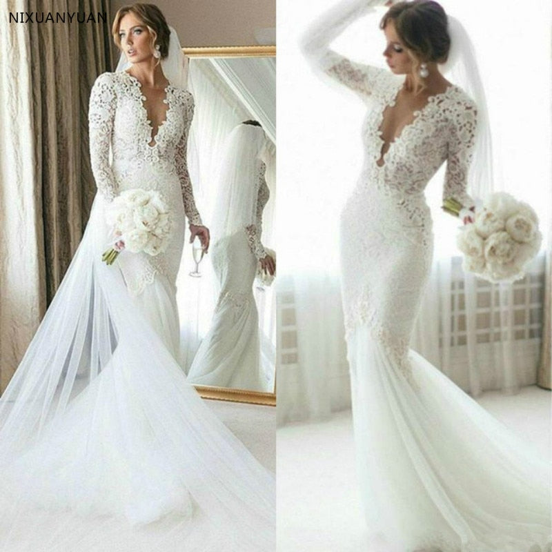 Full Lace Mermaid Wedding Dress Sweep Train Long Sleeve Bridal Gown Summer Beach Custom Made