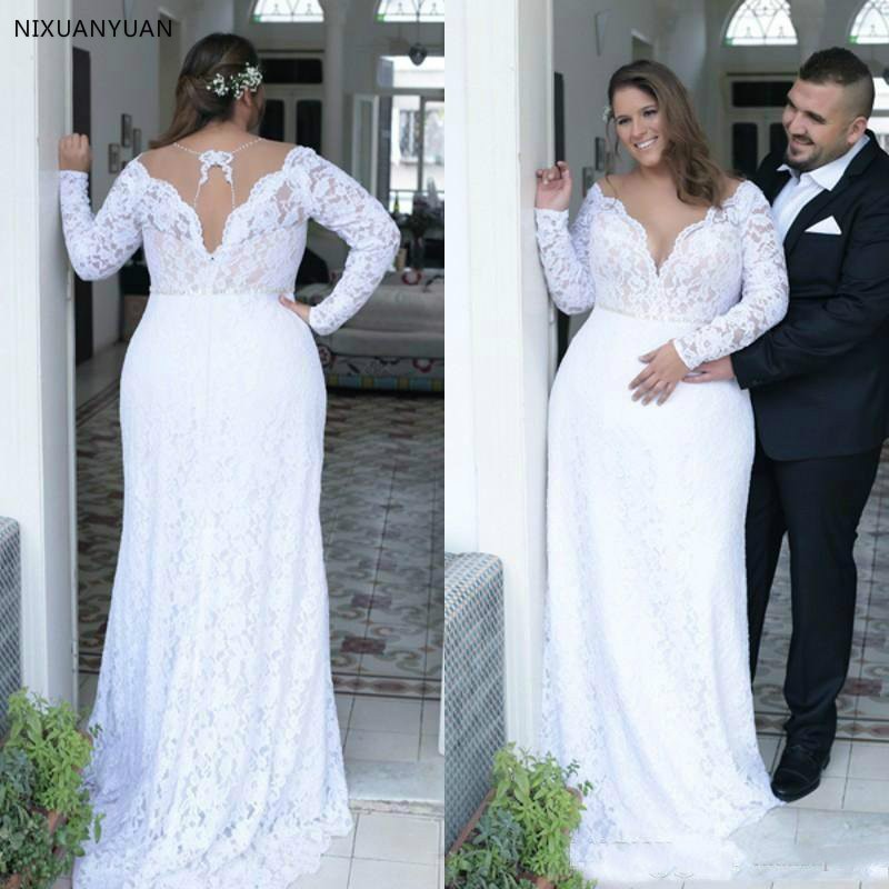 Plus Size Wedding Dresses Deep V Neck Vintage Long Sleeves Formal Wedding Bridal Gowns