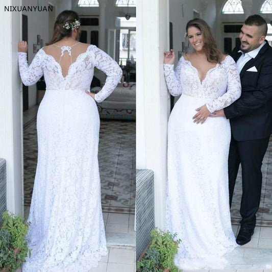 Plus Size Wedding Dresses Deep V Neck Vintage Long Sleeves Formal Wedding Bridal Gowns
