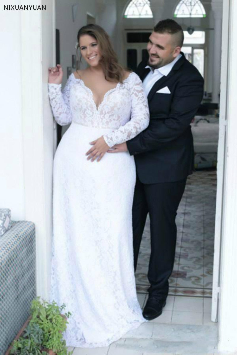 Plus Size Wedding Dresses Deep V Neck Vintage Long Sleeves Formal Wedding Bridal Gowns