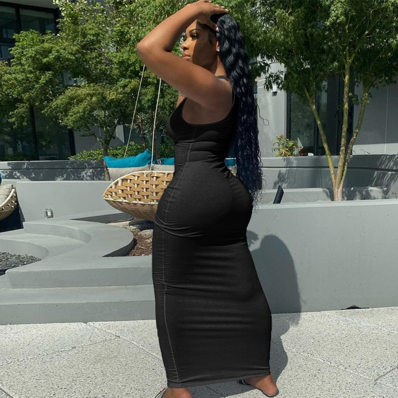 Solid Ribbed Knitted Dress Women Sleeveless Long Maxi Dress V Neck Bodycon Party Club Casual 2021 Spring Summer Vestidos
