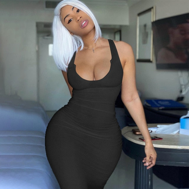 Solid Ribbed Knitted Dress Women Sleeveless Long Maxi Dress V Neck Bodycon Party Club Casual 2021 Spring Summer Vestidos