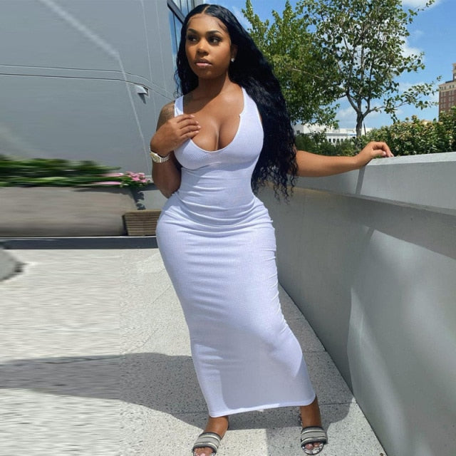 Solid Ribbed Knitted Dress Women Sleeveless Long Maxi Dress V Neck Bodycon Party Club Casual 2021 Spring Summer Vestidos