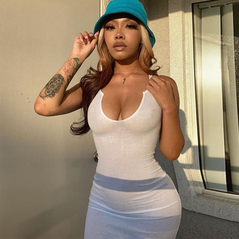 Solid Ribbed Knitted Dress Women Sleeveless Long Maxi Dress V Neck Bodycon Party Club Casual 2021 Spring Summer Vestidos