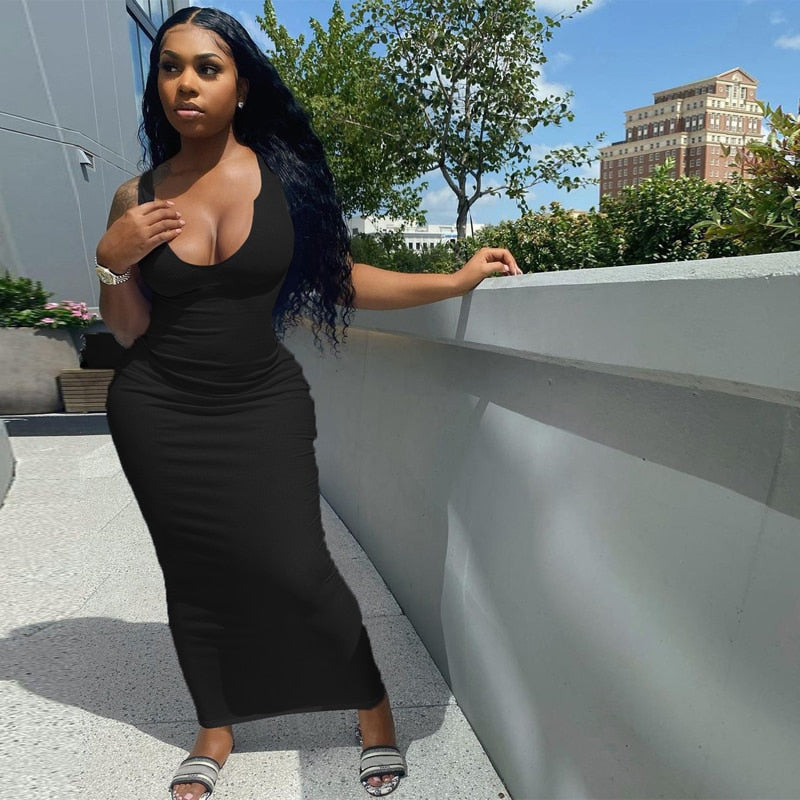 Solid Ribbed Knitted Dress Women Sleeveless Long Maxi Dress V Neck Bodycon Party Club Casual 2021 Spring Summer Vestidos