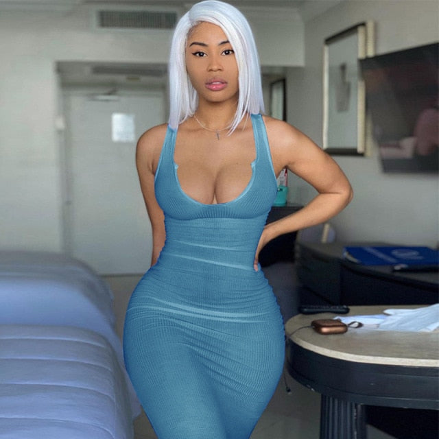 Solid Ribbed Knitted Dress Women Sleeveless Long Maxi Dress V Neck Bodycon Party Club Casual 2021 Spring Summer Vestidos
