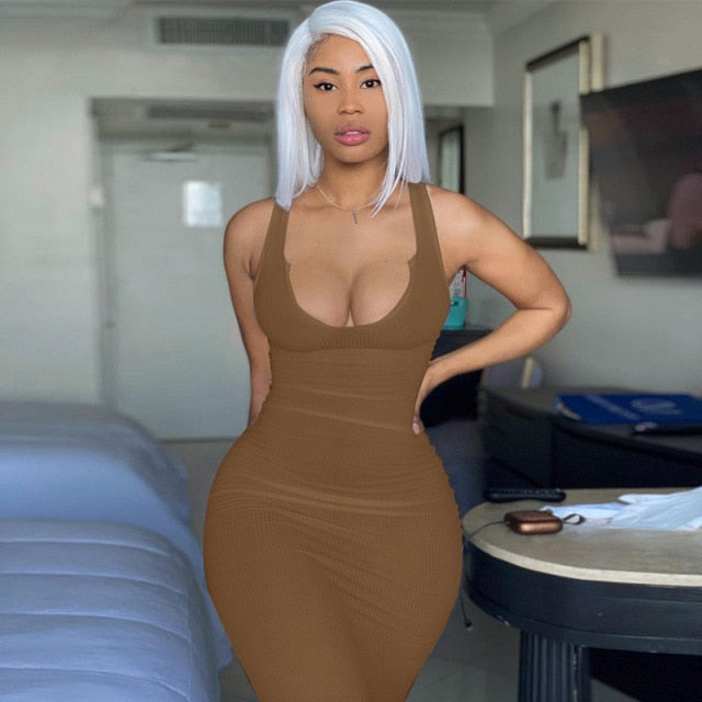 Solid Ribbed Knitted Dress Women Sleeveless Long Maxi Dress V Neck Bodycon Party Club Casual 2021 Spring Summer Vestidos