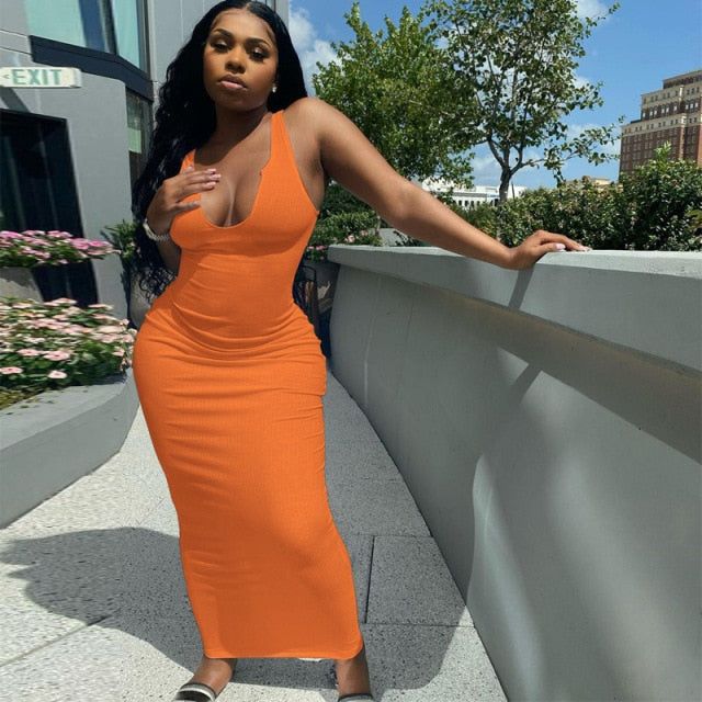 Solid Ribbed Knitted Dress Women Sleeveless Long Maxi Dress V Neck Bodycon Party Club Casual 2021 Spring Summer Vestidos