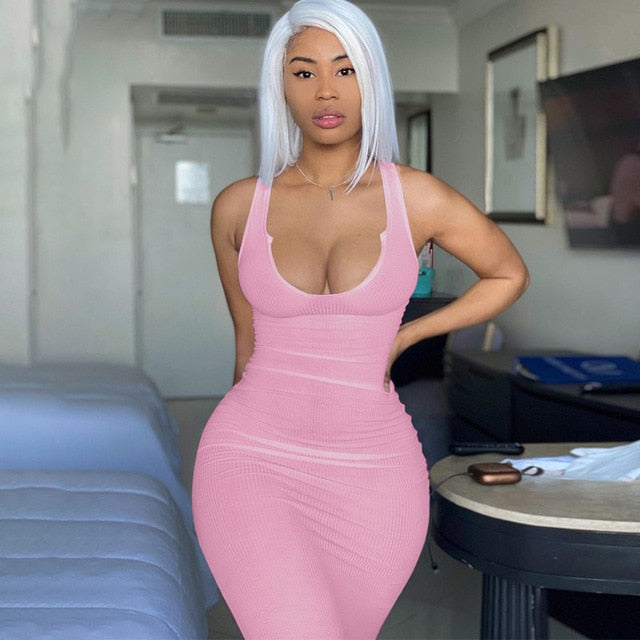 Solid Ribbed Knitted Dress Women Sleeveless Long Maxi Dress V Neck Bodycon Party Club Casual 2021 Spring Summer Vestidos