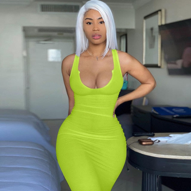 Solid Ribbed Knitted Dress Women Sleeveless Long Maxi Dress V Neck Bodycon Party Club Casual 2021 Spring Summer Vestidos