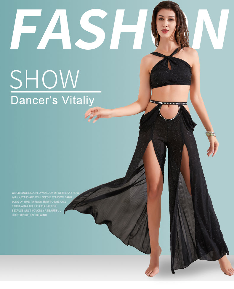 Women Belly Dance Dance Suit Practice Clothes New Sexy Hollow Split Long Skirt+Top Bellydance Suit
