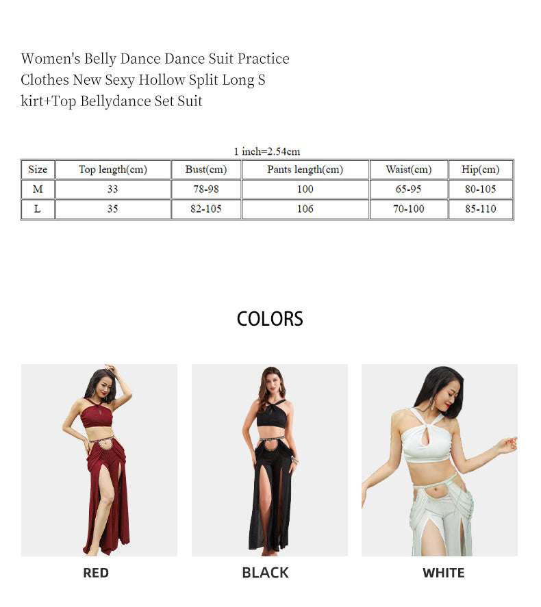 Women Belly Dance Dance Suit Practice Clothes New Sexy Hollow Split Long Skirt+Top Bellydance Suit