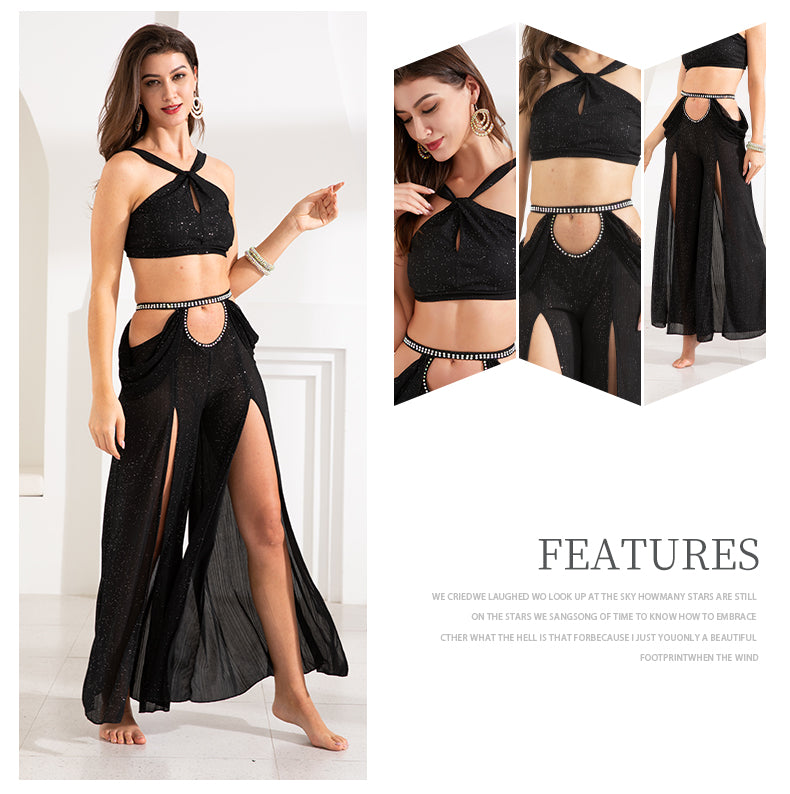 Women Belly Dance Dance Suit Practice Clothes New Sexy Hollow Split Long Skirt+Top Bellydance Suit