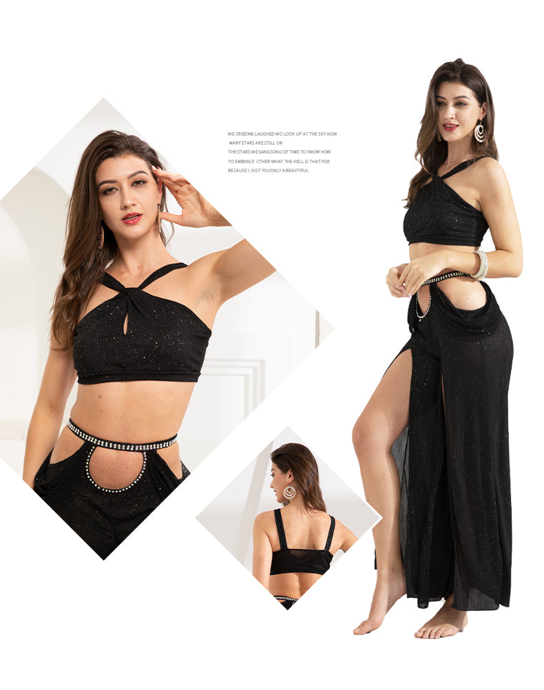 Women Belly Dance Dance Suit Practice Clothes New Sexy Hollow Split Long Skirt+Top Bellydance Suit