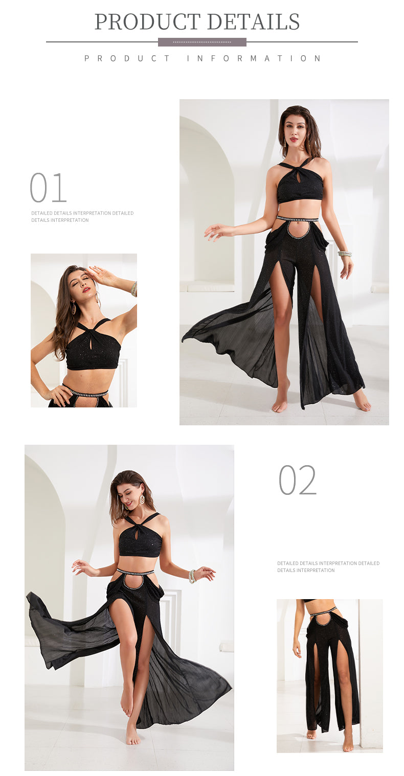 Women Belly Dance Dance Suit Practice Clothes New Sexy Hollow Split Long Skirt+Top Bellydance Suit
