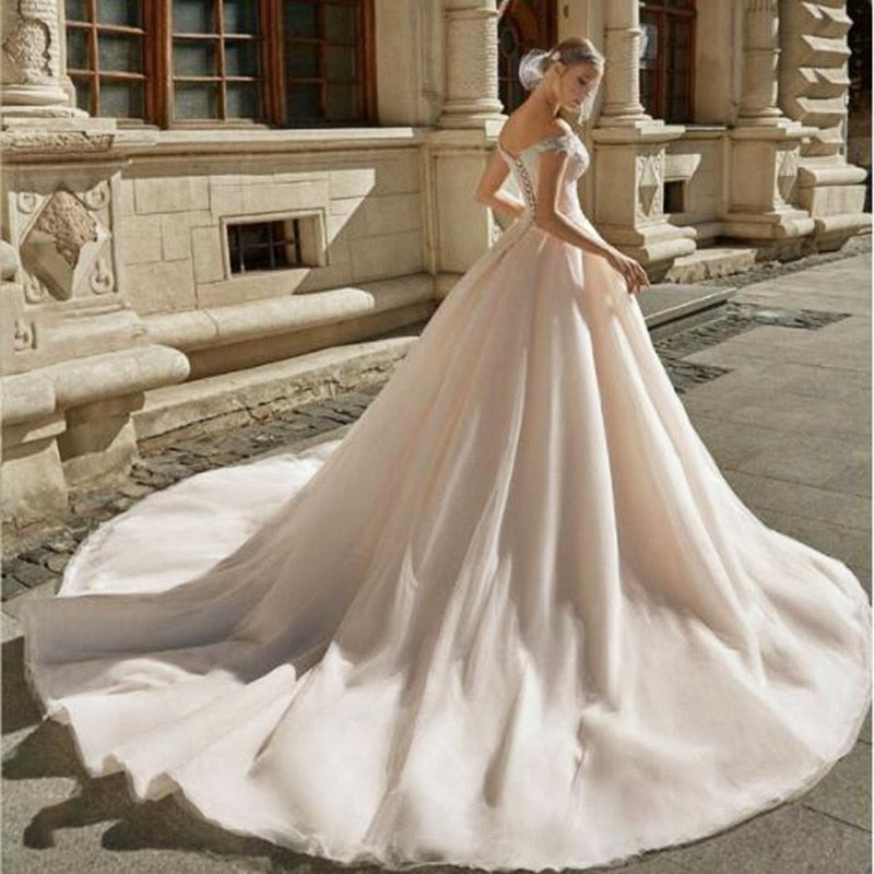 Very Beautiful Wedding Dresses 2021 Women Off Shoulder Tulle Half Sleeves Corset Wedding Dress Aline Bride Gown