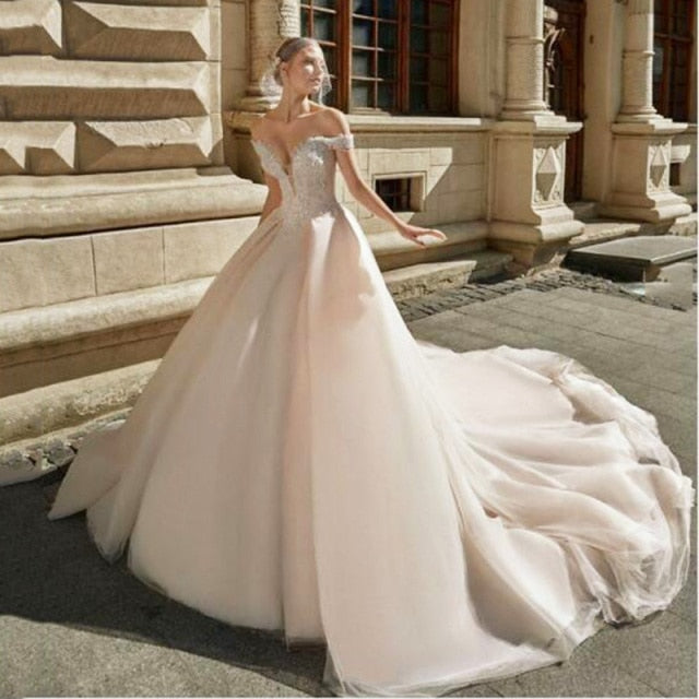 Very Beautiful Wedding Dresses 2021 Women Off Shoulder Tulle Half Sleeves Corset Wedding Dress Aline Bride Gown
