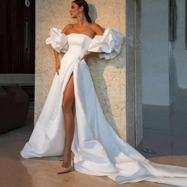 New Arrival White Satin Sexy Wedding Dresses Puff Sleeve Split Side Bride Dress Strapless A Line Wedding Gowns Women