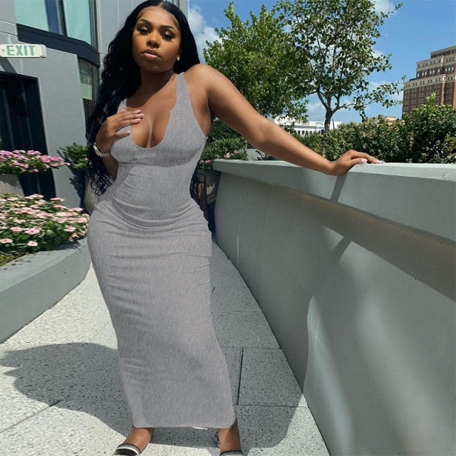 Solid Ribbed Knitted Dress Women Sleeveless Long Maxi Dress V Neck Bodycon Party Club Casual 2021 Spring Summer Vestidos