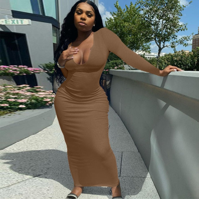 Solid Ribbed Knitted Dress Women Sleeveless Long Maxi Dress V Neck Bodycon Party Club Casual 2021 Spring Summer Vestidos