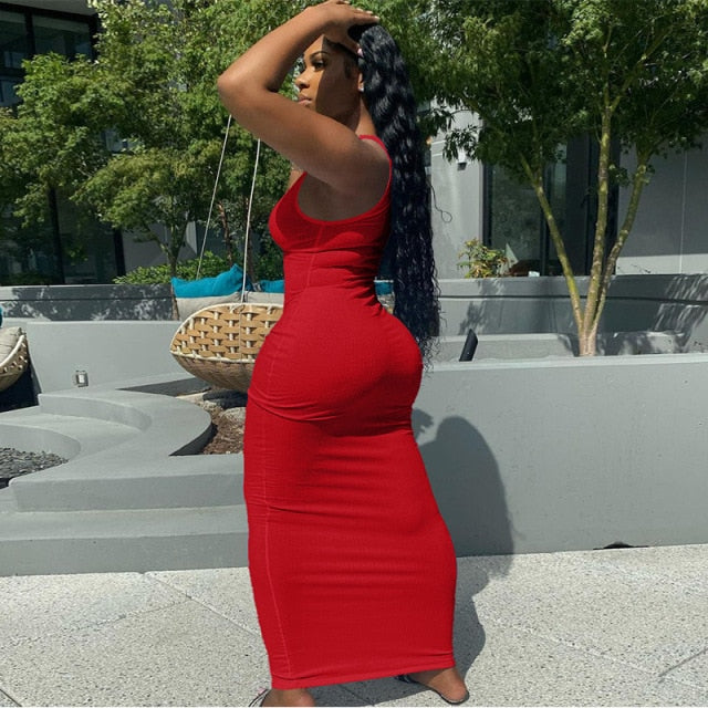 Solid Ribbed Knitted Dress Women Sleeveless Long Maxi Dress V Neck Bodycon Party Club Casual 2021 Spring Summer Vestidos