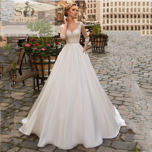 Very Pretty Wedding dress Long Sleeve Boho Bride Dresses For Women A Line Ivory Lace Appliques Satin Wedding Gown
