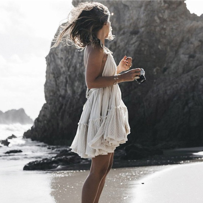 Strapless Women Summer Solid Boho Dress Backless Mini Dresses Girls Bohemian Aline Beach Dress