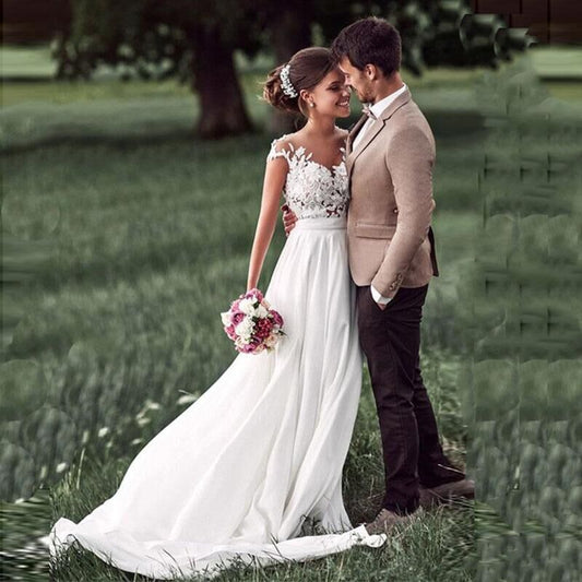 Beach Lace Appliques Bride Dress New Cap-Sleeves Slit Side White Wedding Dresses Simple Bridal Gown