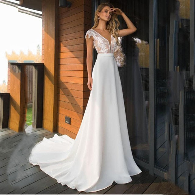 Elegant Satin V-neck A-line Wedding Dresses 2021 Boho Bridal Gowns Backless Wedding Dress