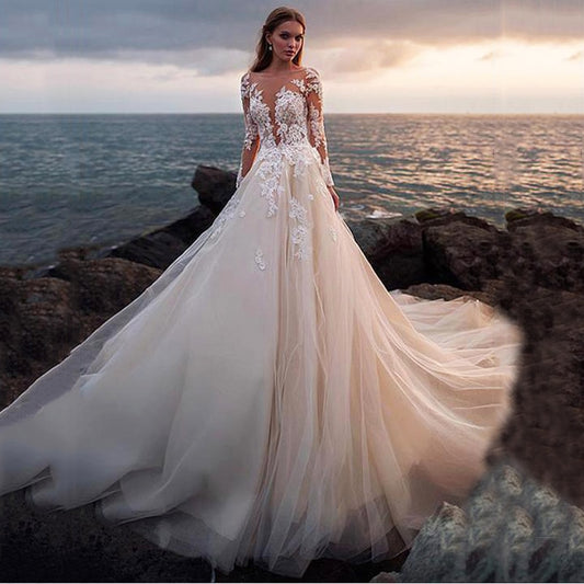 Country Boho Wedding Dress Illusion Long Sleeves Backless Lace Ball Gown Wedding Gowns Boho Bridal Dress Robe De Mariage