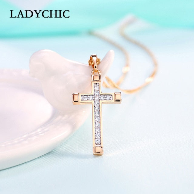 Elegance Gold Color Cross Pendant Necklaces for Women Men Trendy Classic Christian Jesus Crystal Necklace Jewelry Gift