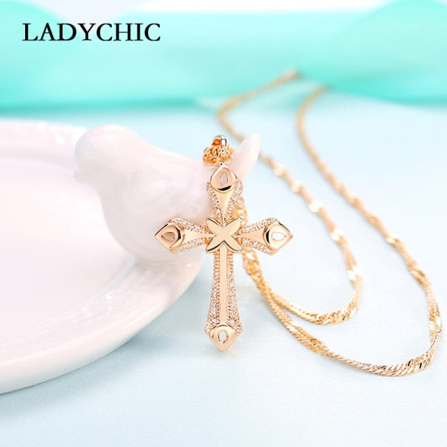 Elegance Gold Color Cross Pendant Necklaces for Women Men Trendy Classic Christian Jesus Crystal Necklace Jewelry Gift