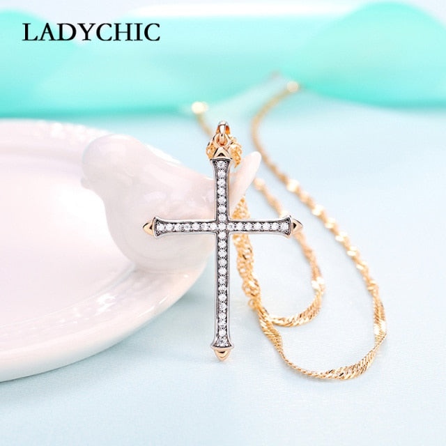 Elegance Gold Color Cross Pendant Necklaces for Women Men Trendy Classic Christian Jesus Crystal Necklace Jewelry Gift