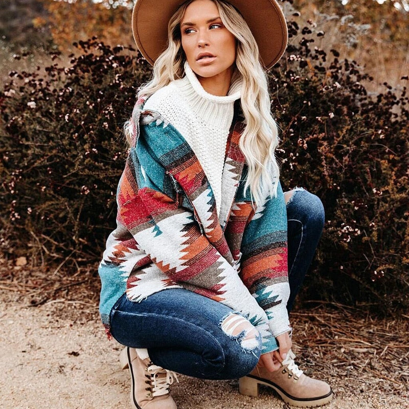 Beautiful Vintage Jacket Women Splicing Loose Jacket Denim Print Aztec Retro Ethnic Style Long Sleeved Shirt Streetwear Female Goth Coat