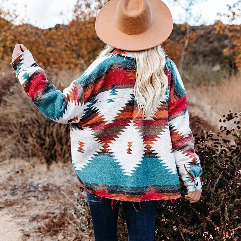Beautiful Vintage Jacket Women Splicing Loose Jacket Denim Print Aztec Retro Ethnic Style Long Sleeved Shirt Streetwear Female Goth Coat