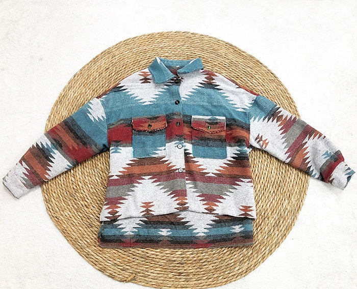 Beautiful Vintage Jacket Women Splicing Loose Jacket Denim Print Aztec Retro Ethnic Style Long Sleeved Shirt Streetwear Female Goth Coat